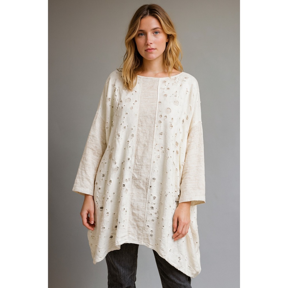 Caraclan White Beige Oversized Distressed Tunic Pockets Lagenlook Artsy‎ Size M